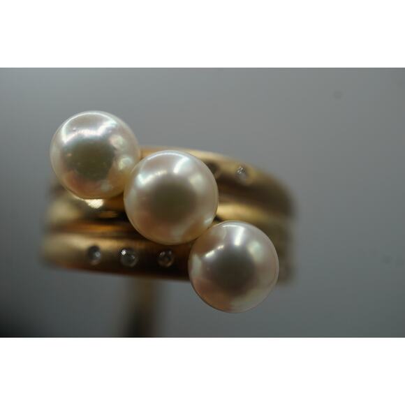 14K Yellow Gold Pearl & Diamond Band Ring Size 9.25 Vintage Estate - Picture 6 of 13